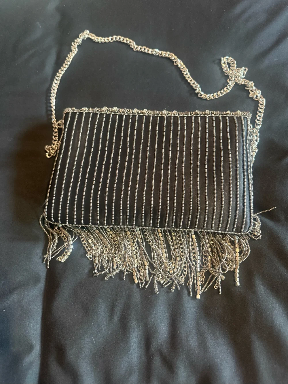 Express Silver and Black Beaded Fringe Clutch